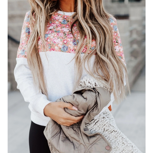 Floral Accent Pullover-Pink & Grey - Picture 3 of 5